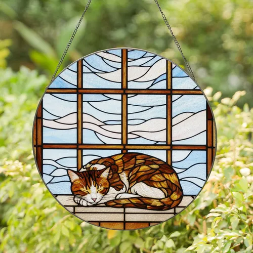 Sleeping Tabby Cat Stained Glass Window Mosaic Tiffany Art - Cat Lover Home Decor Gift Stained Glass Suncatcher