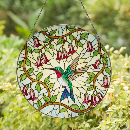 Ruby-throated Hummingbird Tiffany Stained Glass Jewel Tone Bell Flowers Mosaic Stained Glass Suncatcher