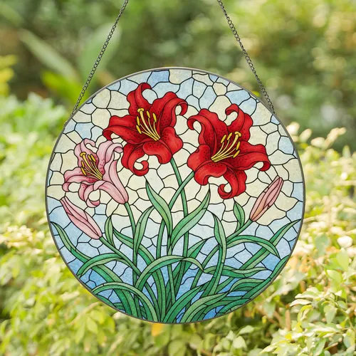 Blooming Red Lilies Pink Lily Stained Glass Tiffany Style Floral Mosaic Green Leaves Stained Glass Suncatcher