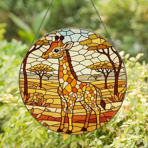 Baby Giraffe Savanna Stained Glass Mosaic Art Tiffany Style Jewel Tone Translucent Display Stained Glass Suncatcher
