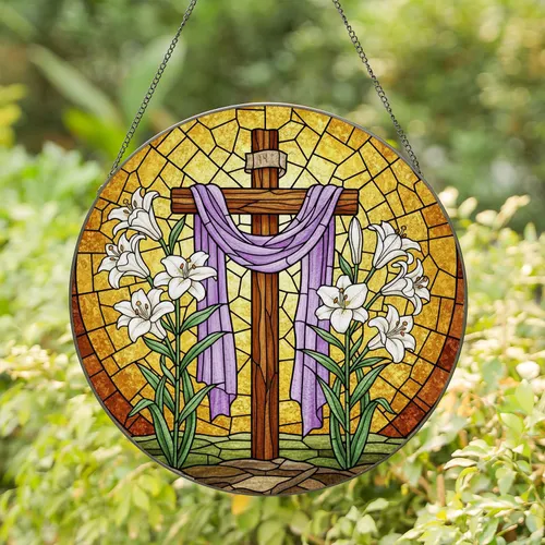 Stained Glass Christian Cross Easter Lilies Mosaic Radiant Gold - Religious Easter Gift Stained Glass Suncatcher