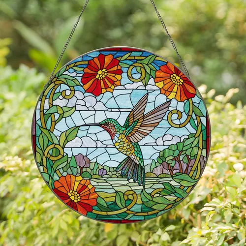 Intricate Hummingbird Stained Glass Tiffany Design - Flowering Vines Sky Cloud Mosaic Art Stained Glass Suncatcher
