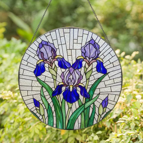 Stained Glass Iris Flowers with Buds - Tiffany Style Intricate Petals Mosaic Art Decor Stained Glass Suncatcher