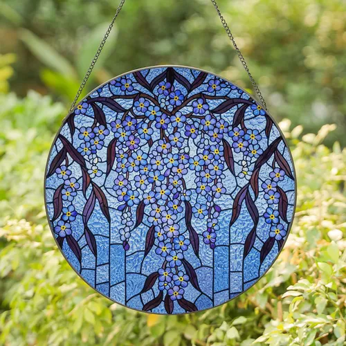 Blue Purple Forget-Me-Not Flowers, Cascading Vines, Stained Glass Art, Ripple Mosaic Stained Glass Suncatcher