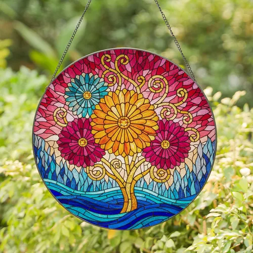 Tiffany Glass Dandelion Burst Flowers - Jeweled Stained Glass Garden Mosaic Landscape Stained Glass Suncatcher