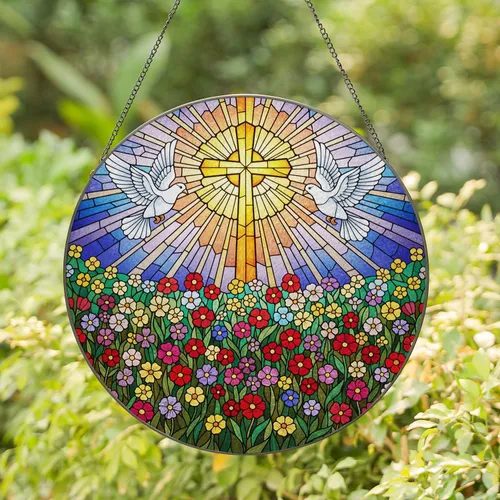 Radiant Christian Cross White Doves Wildflower Garden Tiffany Stained Glass Faith Home Decor Stained Glass Suncatcher