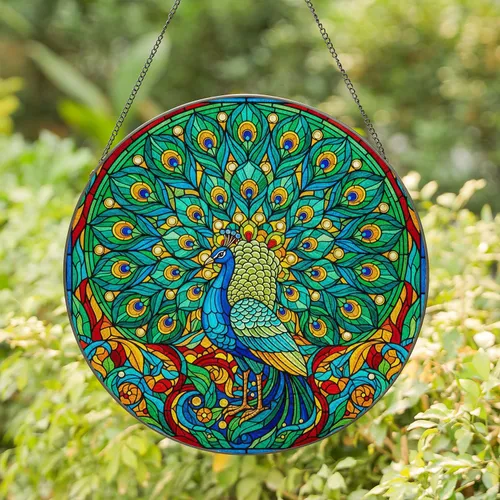 Majestic Peacock Fanned Tail Stained Glass Tiffany Style Translucent Jewel Tone Mosaic Stained Glass Suncatcher