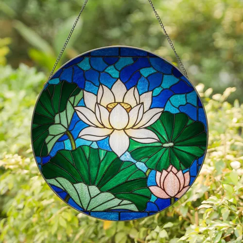 White Lotus Flower & Peach Bud Stained Glass - Tiffany Style Water Mosaic Colorful Jewel Tones Stained Glass Suncatcher