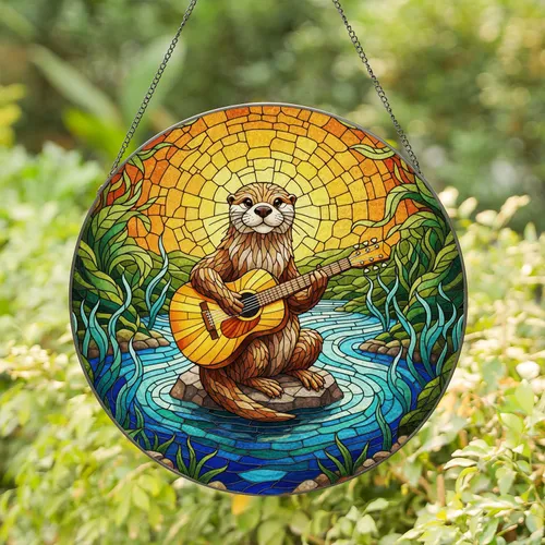 Brown Otter Strumming Guitar Stained Glass Mosaic River Sky - Wildlife Art Gift for Home Stained Glass Suncatcher