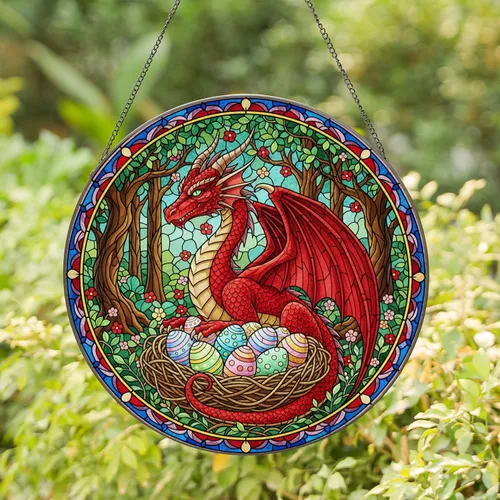 Red Dragon Easter Egg Nest Enchanted Forest Tiffany Glass - Spring Holiday Gift Stained Glass Suncatcher