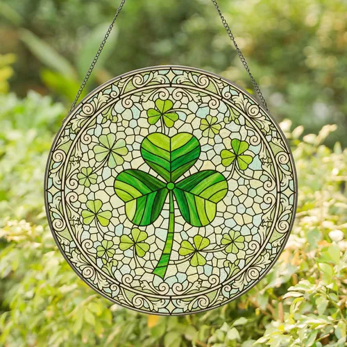 Four-Leaf Clover Stained Glass Tiffany Style Mosaic - Emerald Green Leaves Scrollwork Decor Stained Glass Suncatcher