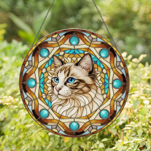 Ragdoll Cat Head Stained Glass, Blue Eyes, Tiffany Style Mosaic Jewel Tones Cat Lover Stained Glass Suncatcher