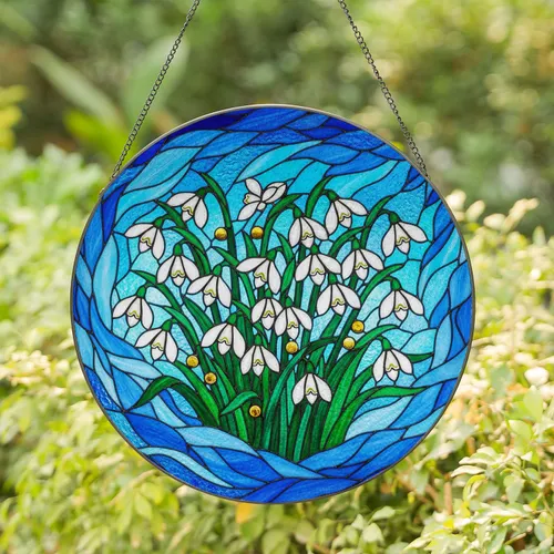 Snowdrop Flowers Tiffany Stained Glass Mosaic - Translucent Jewel Tones Blue Green Amber Stained Glass Suncatcher
