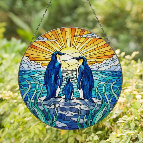 Penguin Family Stained Glass Ocean Sun Art - Brilliant Translucent Jewel Tones Window Decor Gift Stained Glass Suncatcher
