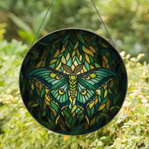 Luna Moth Stained Glass Tiffany Style, Intricate Night Forest Mosaic with Glowing Jewel Tones Stained Glass Suncatcher