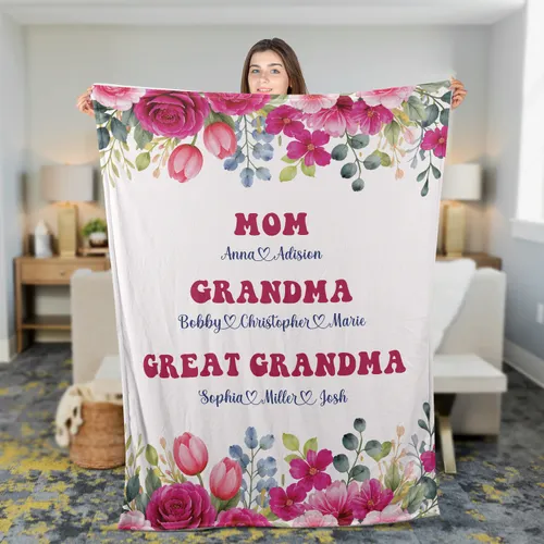 Personalized Mom Grandma Great Grandma Blanket, Great Grandma Blanket with Kids Name, Floral Grandma Blanket, Mothers Day Gifts