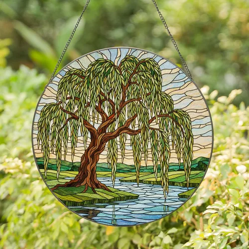 Grand Weeping Willow Tree Stained Glass River Landscape - Tiffany Mosaic Jewel Tone Art Stained Glass Suncatcher
