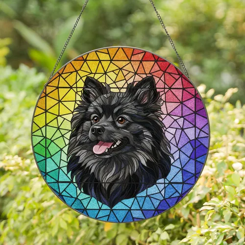 Black Fluffy Spitz Dog Stained Glass Mosaic Art - Happy Smiling Pet Lover Gift for Dog Owners Stained Glass Suncatcher