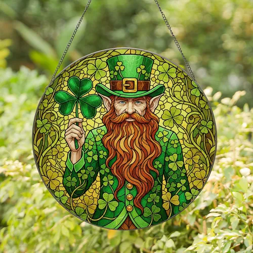 Stained Glass Leprechaun Four-Leaf Clover St. Patrick's Day - Irish Heritage Art Stained Glass Suncatcher