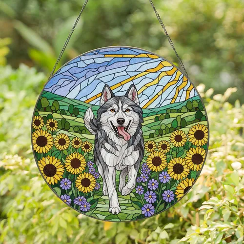 Happy Husky Dog Detailed Stained Glass Sunflowers Wildflowers Rolling Hills Art Stained Glass Suncatcher