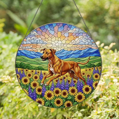 Stained Glass Leaping Rhodesian Ridgeback Dog Wildflower Field Sunflowers Lupine Art Stained Glass Suncatcher