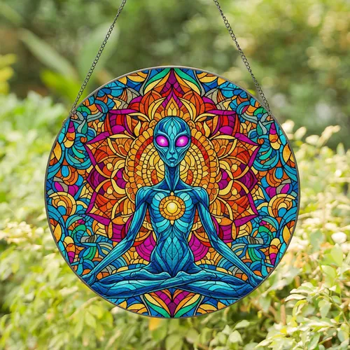 Alien Lotus Figure Glowing Eyes Energetic Orb Mandala Aura Tiffany Glass Mosaic Stained Glass Suncatcher
