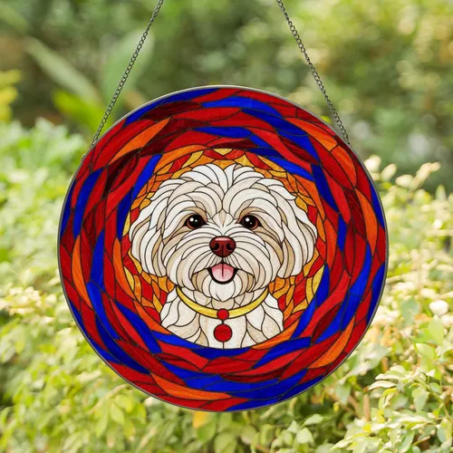 Fluffy Maltese Dog Head Stained Glass Art, Tiffany Style Jewel Tones Abstract Patterns Stained Glass Suncatcher
