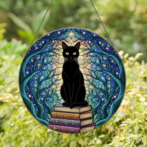 Black Cat Tiffany Style Glass Mystical Books Gnarled Branches Starry Night Stained Glass Suncatcher