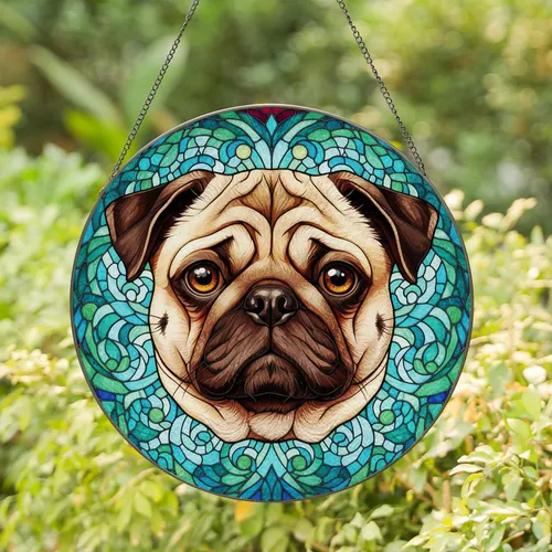 Pug Head Stained Glass Tiffany - Expressive Eyes Intricate Wrinkles Mosaic Art Stained Glass Suncatcher