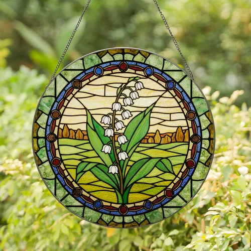 White Lily of the Valley Flowers, Tiffany Glass Style Mosaic Landscape Art with Ornate Border Stained Glass Suncatcher