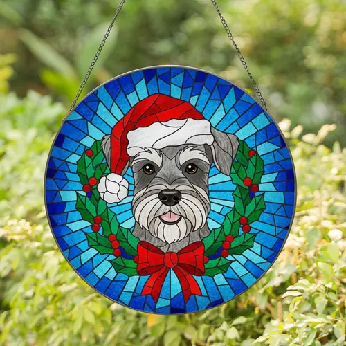 Schnauzer Dog Santa Hat Holly Berries Jewel Tone Mosaic - Christmas Holiday Gift Stained Glass Suncatcher