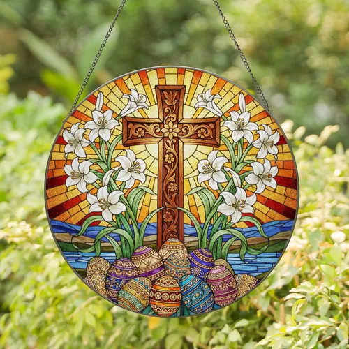 Detailed Stained Glass Easter Cross Lilies Eggs Mosaic - Radiant Sunrise Religious Gift Stained Glass Suncatcher