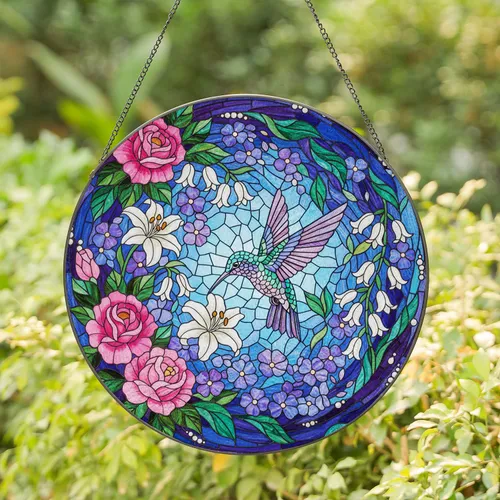 Hummingbird Stained Glass Flower Mosaic Garden Art - Intricate Tiffany Jewel Tones Stained Glass Suncatcher