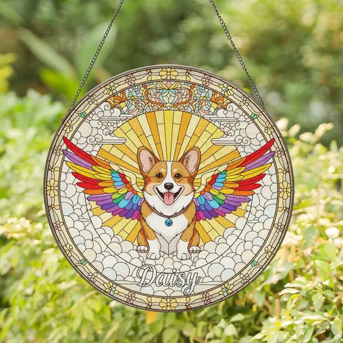 Daisy Corgi Dog Rainbow Wings Stained Glass Sunburst Mosaic Puffy Clouds Floral Border Stained Glass Suncatcher