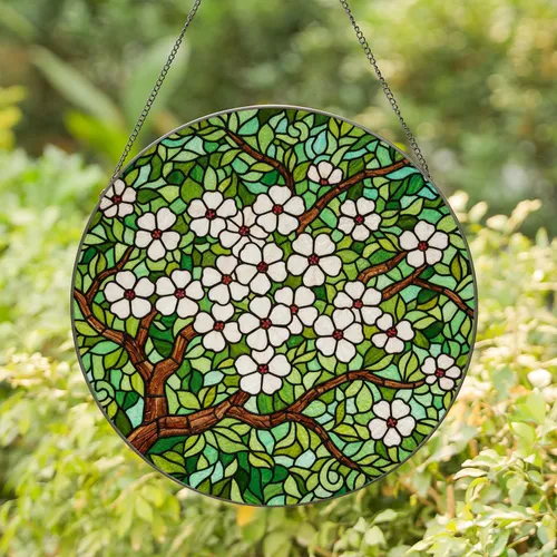 White Apple Blossom Stained Glass Art – Tiffany Jewel Tone Foliage Mosaic Decor Stained Glass Suncatcher