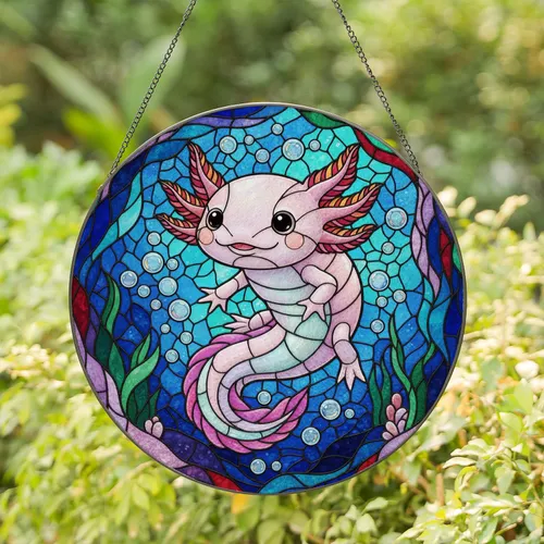 Axolotl Stained Glass Underwater Mosaic Art - Glowing Magenta Teal Purple Jewel Tones Stained Glass Suncatcher