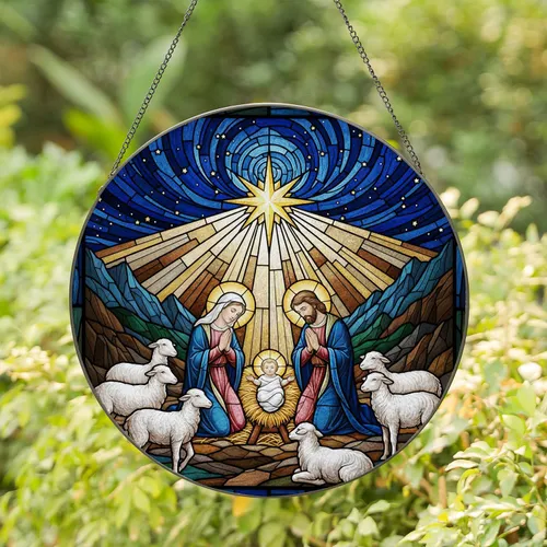 Stained Glass Nativity Scene Mary Joseph Baby Jesus Sheep Bethlehem Star - Religious Christmas Stained Glass Suncatcher