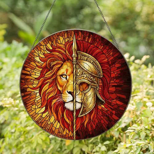 Fierce Lion Head Roman Centurion Helmet Golden Spear Stained Glass Fiery Ember Mosaic Stained Glass Suncatcher