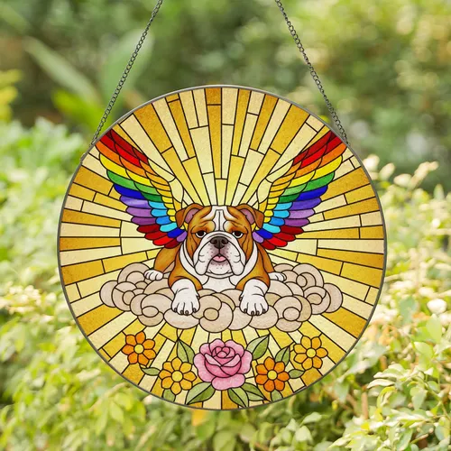 English Bulldog Rainbow Wings Stained Glass Sunbeams - Tiffany Jewel Tone Artwork Stained Glass Suncatcher
