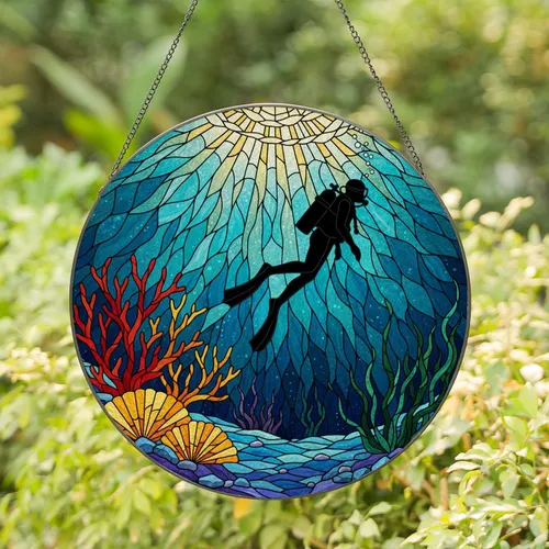 Scuba Diver Coral Reef Stained Glass - Tiffany Style Underwater Ocean Marine Life Art Stained Glass Suncatcher