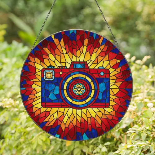 Stylized Vintage Camera Stained Glass Mosaic Art with Jewel Tone Geometric Pattern Stained Glass Suncatcher