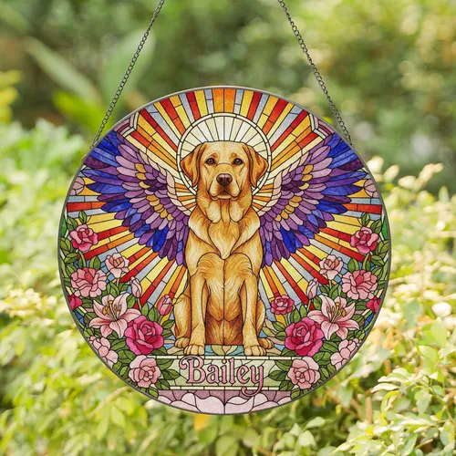 Golden Labrador Rainbow Wings Dog Bailey Tiffany Style Jewel Tone Sunburst Pet Gift Stained Glass Suncatcher