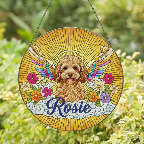 Fluffy Poodle Angel Wings Halo Personalized Rosie - Tiffany Glass Sunburst Clouds Flowers Stained Glass Suncatcher