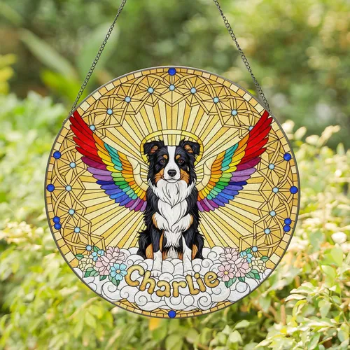 Tri-Color Border Collie Rainbow Wings Halo 'Charlie' Tiffany Glass Sunbeams Art Stained Glass Suncatcher
