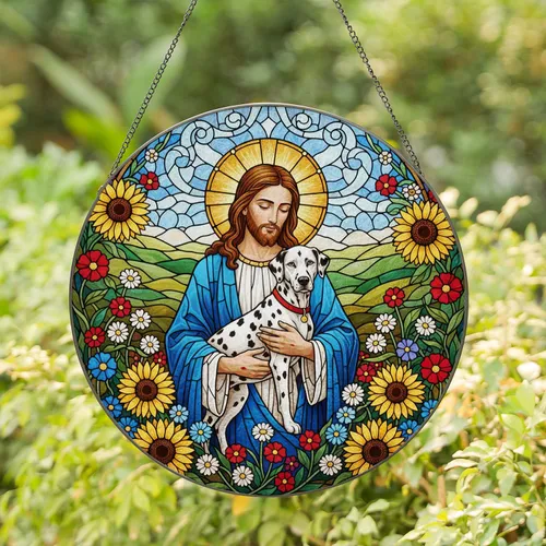 Jesus Hugging Dalmatian Dog Wildflowers Tiffany Glass Religious Pet Lover Gift Stained Glass Suncatcher