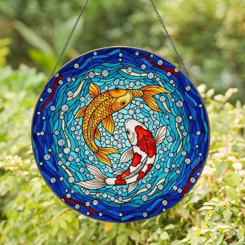 Koi Fish Stained Glass Tiffany Art - Swirling Water Mosaic Bubbles & Crystalline Accents Stained Glass Suncatcher