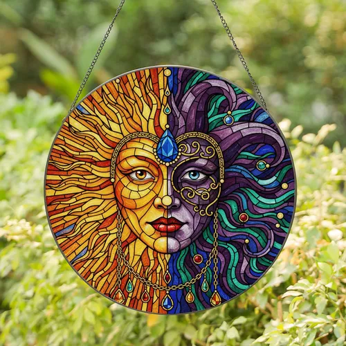 Stained Glass Sunburst Jester Mask Ornate Face Blue Teardrop Jewel Tiffany Art Mosaic Stained Glass Suncatcher