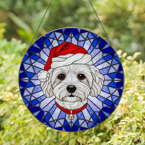 Fluffy White Dog Santa Hat Bichon Poodle Stained Glass Mosaic Christmas Holiday Decor Stained Glass Suncatcher