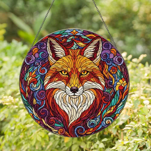 Fox Head Portrait Tiffany Stained Glass Segmented Fur Swirling Foliage Mosaic Jewel Tones Stained Glass Suncatcher