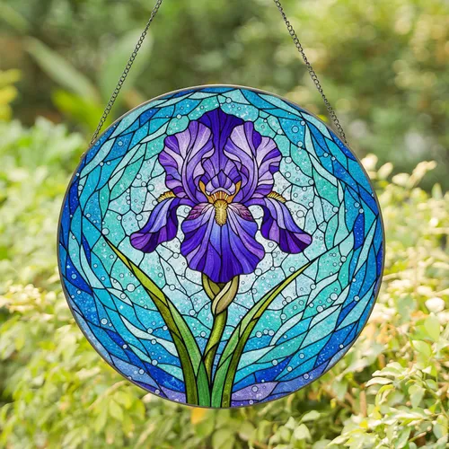 Stained Glass Iris Flower Mosaic - Tiffany Style Water Patterns & Celestial Jewel Tone Decor Stained Glass Suncatcher